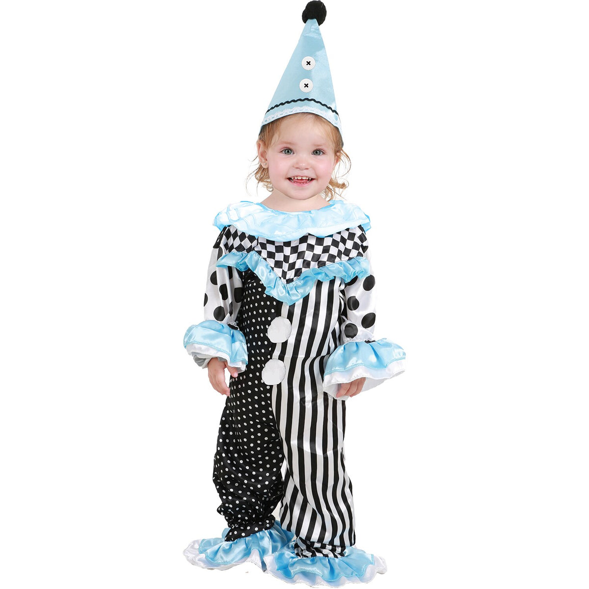Model wearing Lola Stars toddler jester costume: striped polka-dot jumper with blue ruffles and pointed blue jester hat