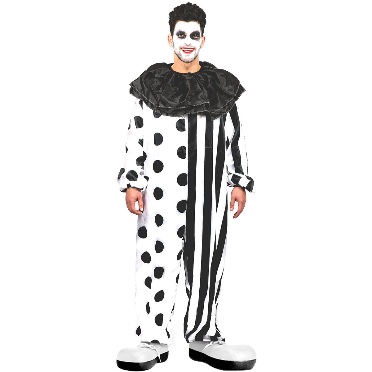 Model wearing Lola Stars men's clown costume: half polka-dot, half striped black and white jumpsuit with black ruffle
