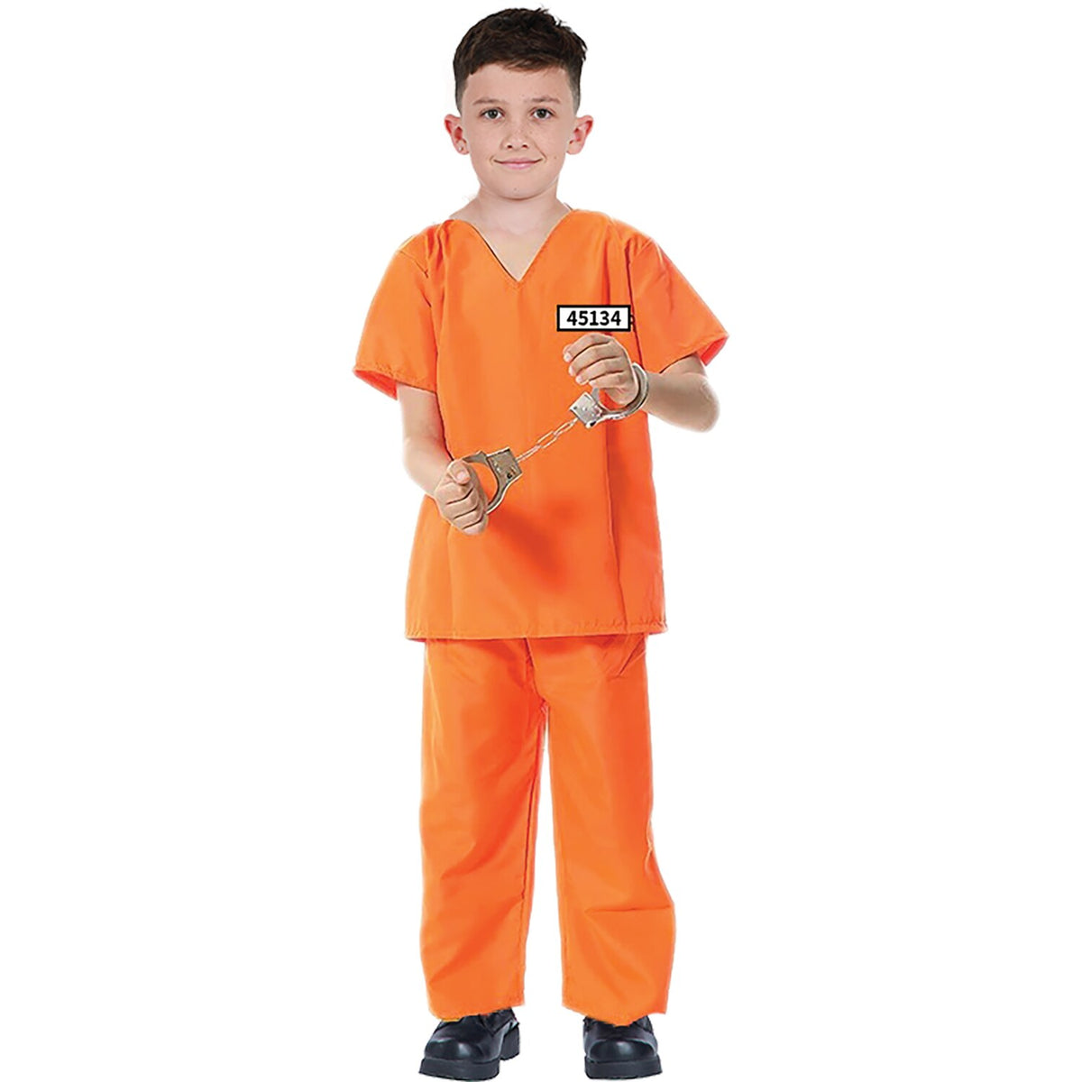Model wearing Lola Stars boys' inmate costume: bright orange shirt with number patch and orange pants