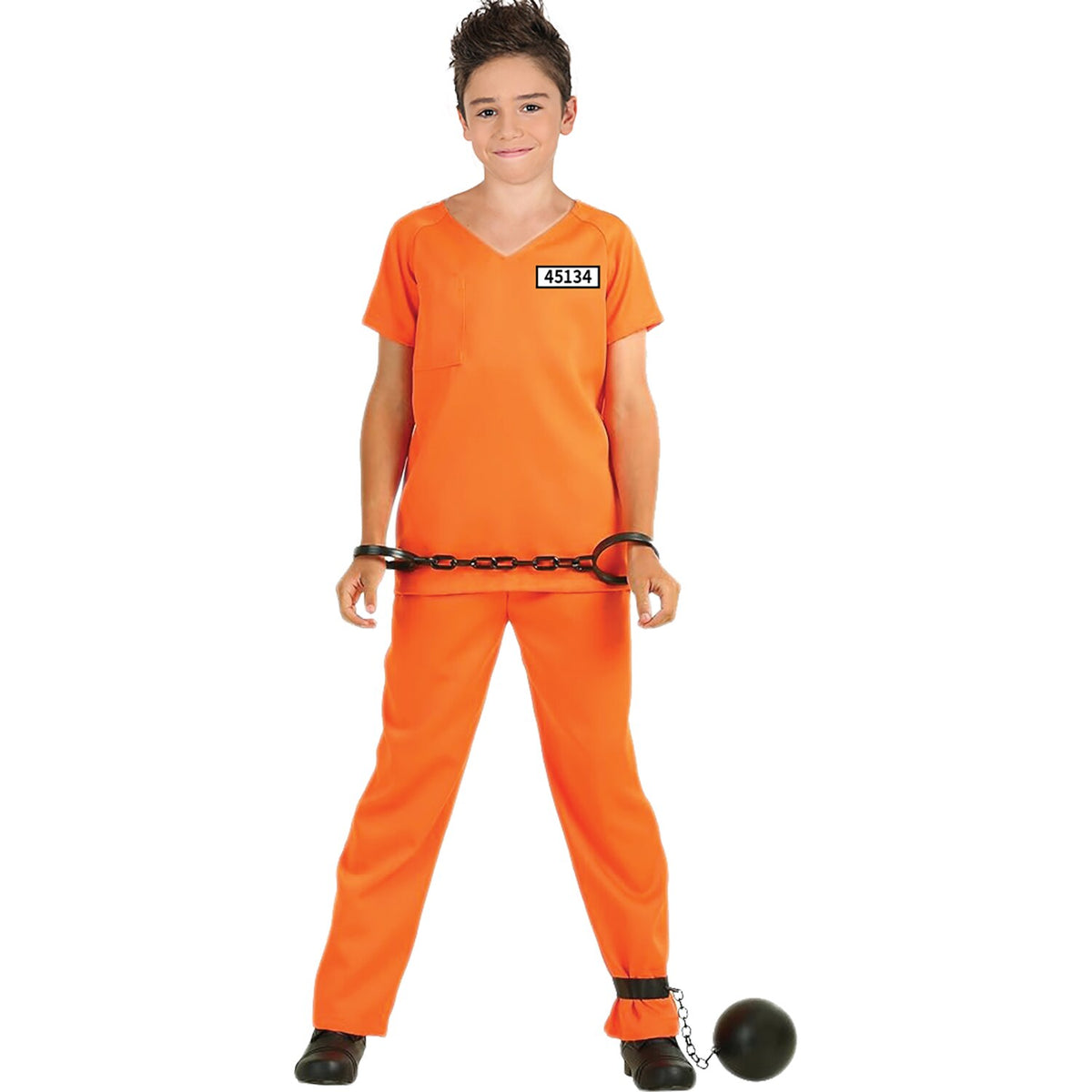 Model wearing Lola Stars boys' prisoner costume: bright orange inmate shirt with number patch and orange pants