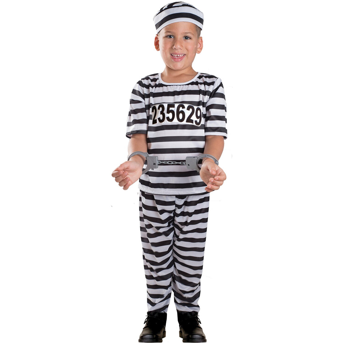 Model wearing Lola Stars boys' prisoner costume: black-and-white striped shirt with number, striped pants and cap