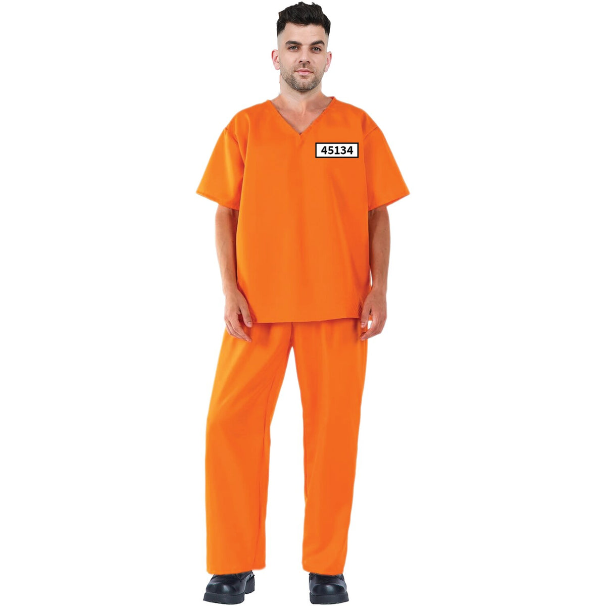 Model wearing Lola Stars men's inmate costume: orange V-neck shirt with number patch and matching orange pants