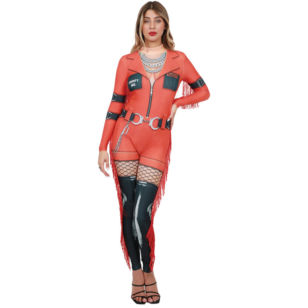 Model wearing Lola Stars women's convict costume: printed orange jumpsuit with jail patches and red fringe