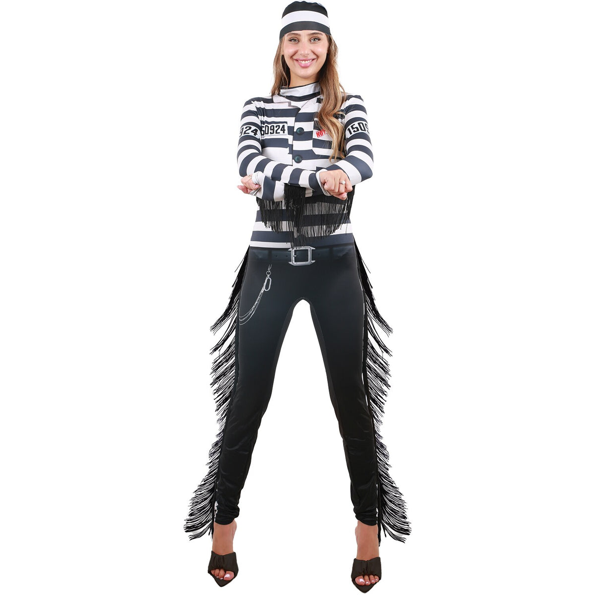 Model wearing Lola Stars women's convict costume: printed striped inmate jumpsuit with black fringe and striped hat