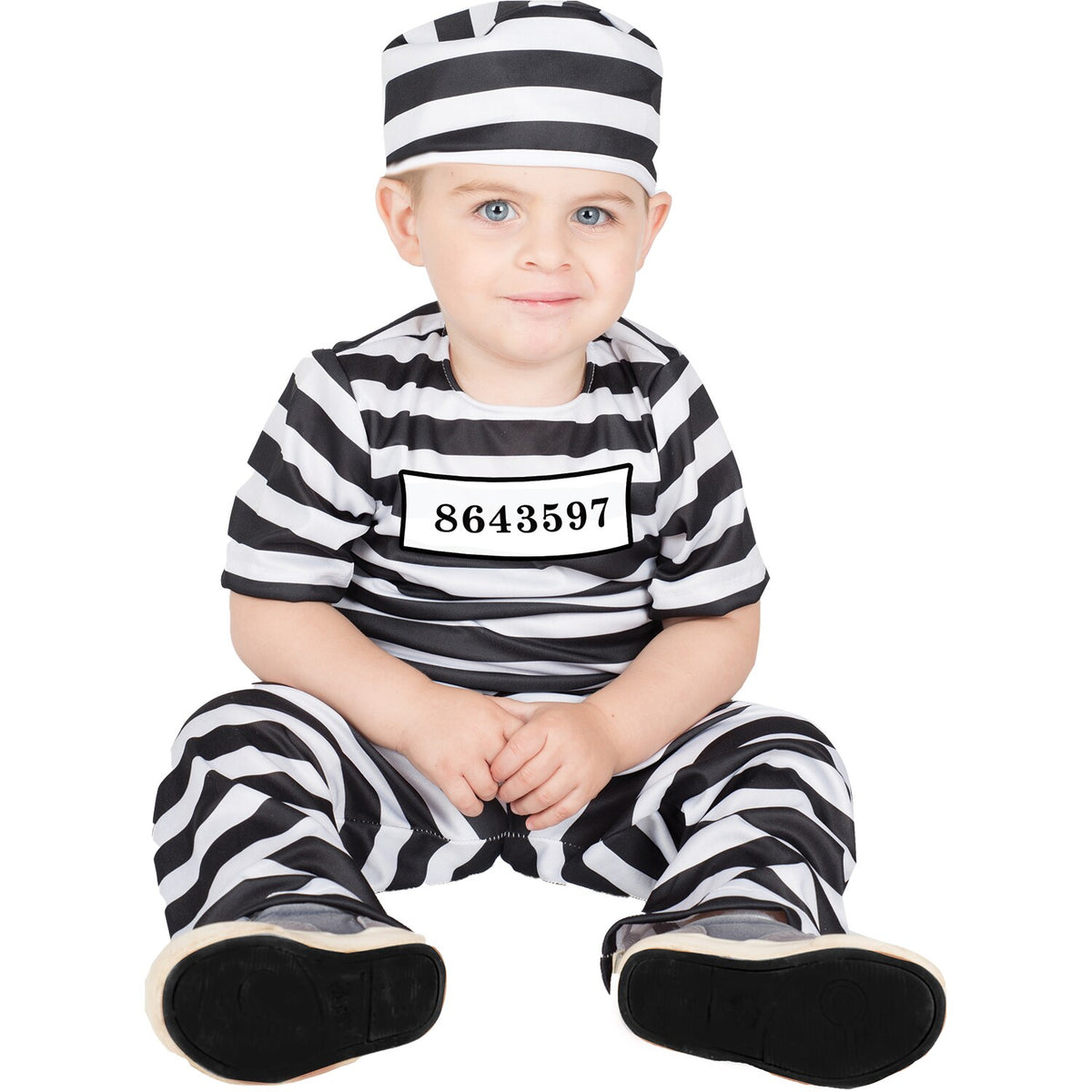 Model wearing Lola Stars baby jailbird costume: black and white striped jumper with number patch and striped cap