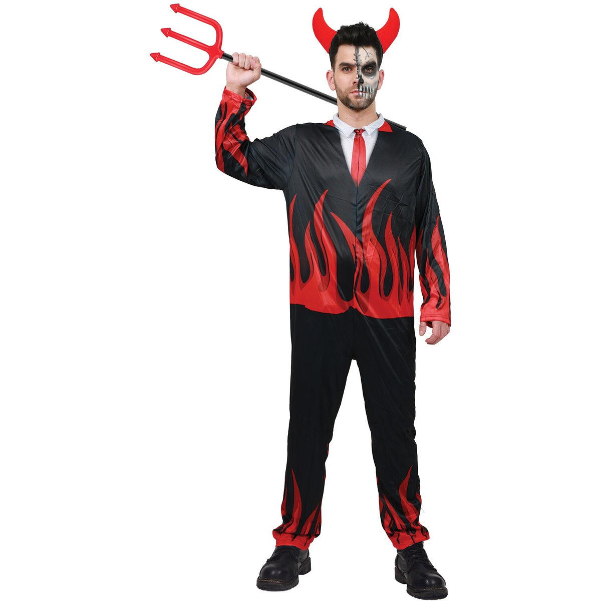 Model wearing Lola Stars men's devil costume: black jumpsuit with red flame print and red horned headband