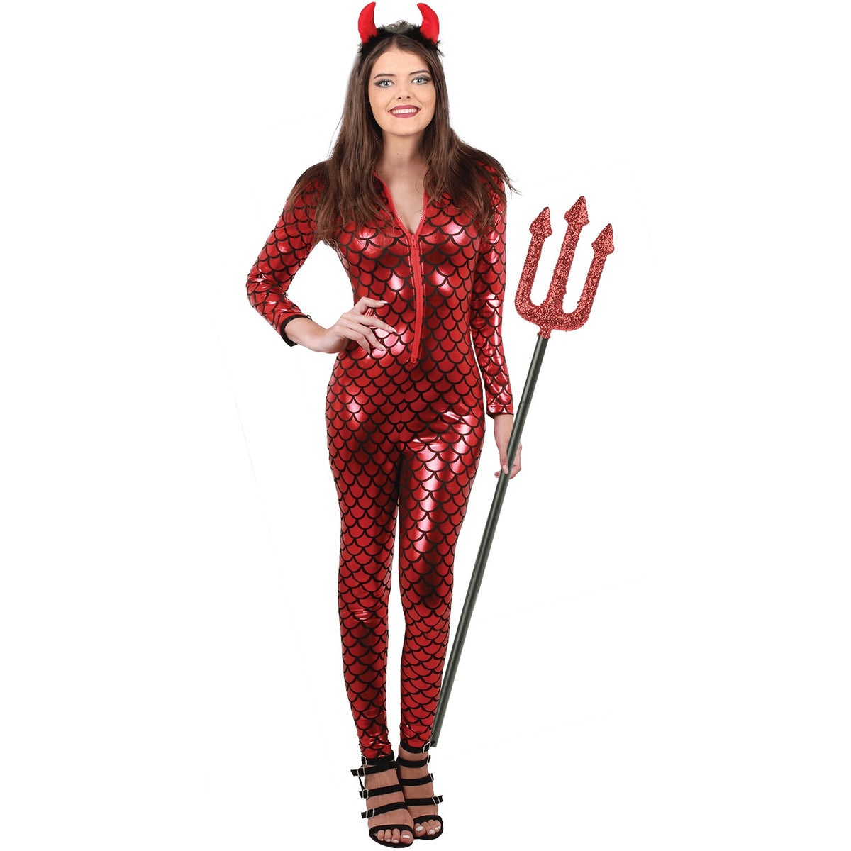 Model wearing Lola Stars women's devil costume: shimmering red scale-print jumpsuit