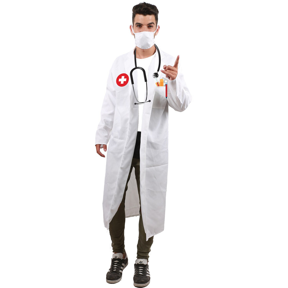 Model wearing Lola Stars men's doctor costume: long white doctor's coat with red cross badge and white face mask