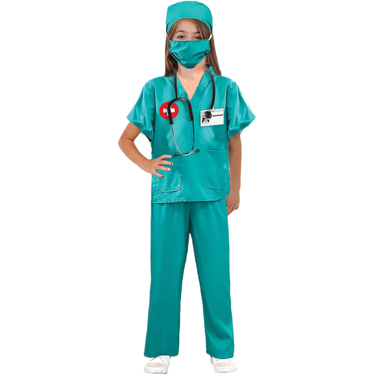 Model wearing Lola Stars girls' surgeon costume: teal scrub top and pants, teal scrub cap and face mask