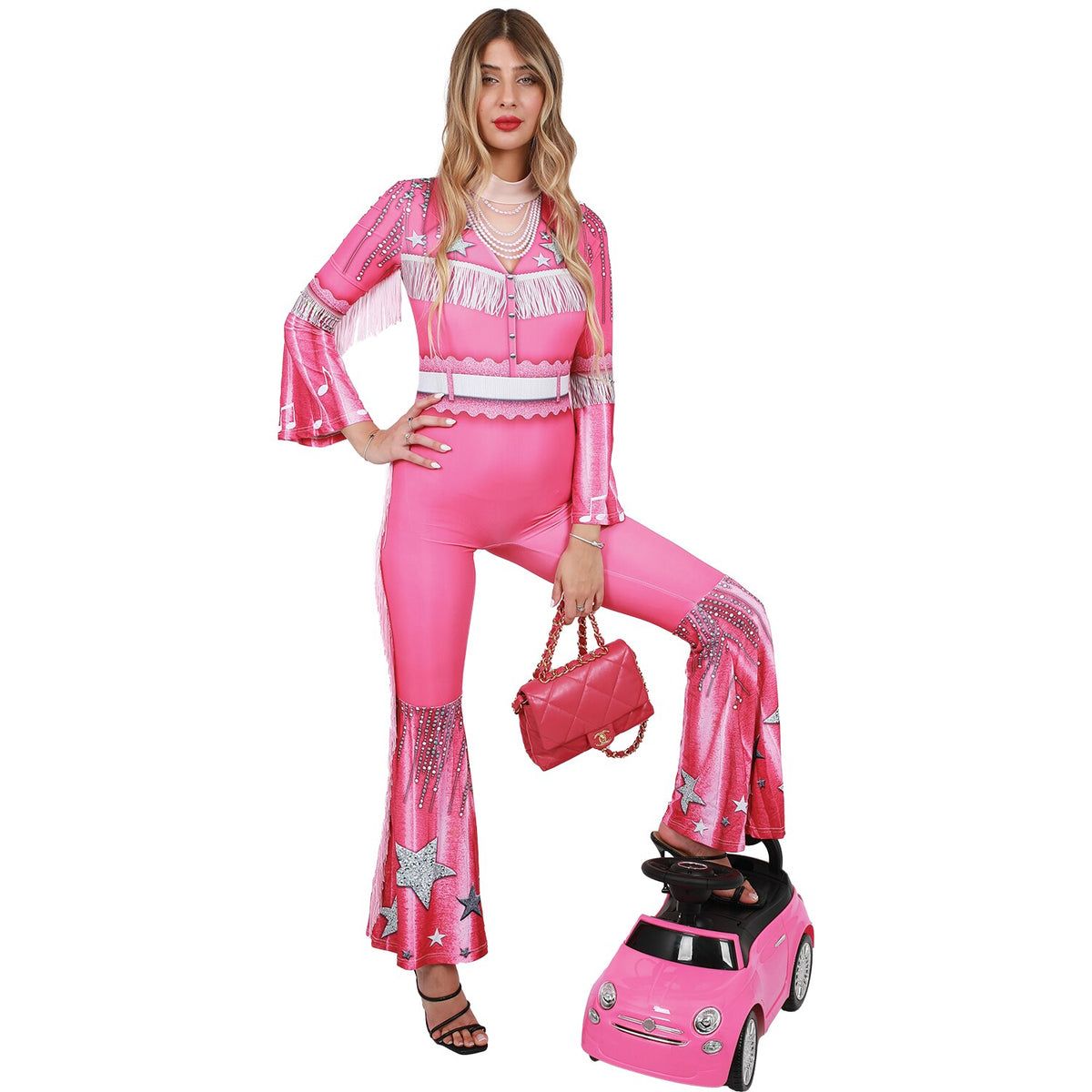 Model wearing Lola Stars women's disco costume: hot pink jumpsuit with white fringe, silver stars and bell-bottom legs