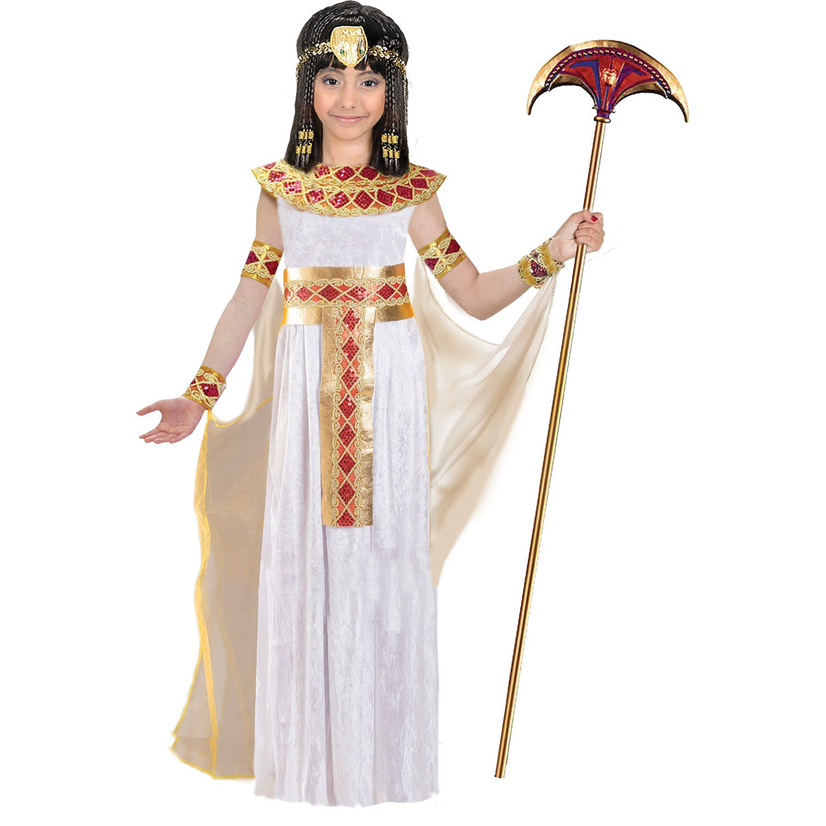 Model wearing Lola Stars girls' Cleopatra costume: white robe, gold jeweled belt, red-and-gold neckpiece and gold headpiece