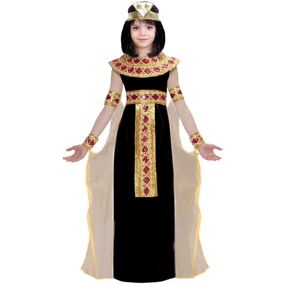 Model wearing Lola Stars girls' Egyptian queen costume: black robe, jeweled gold belt, red-and-gold neckpiece and headpiece