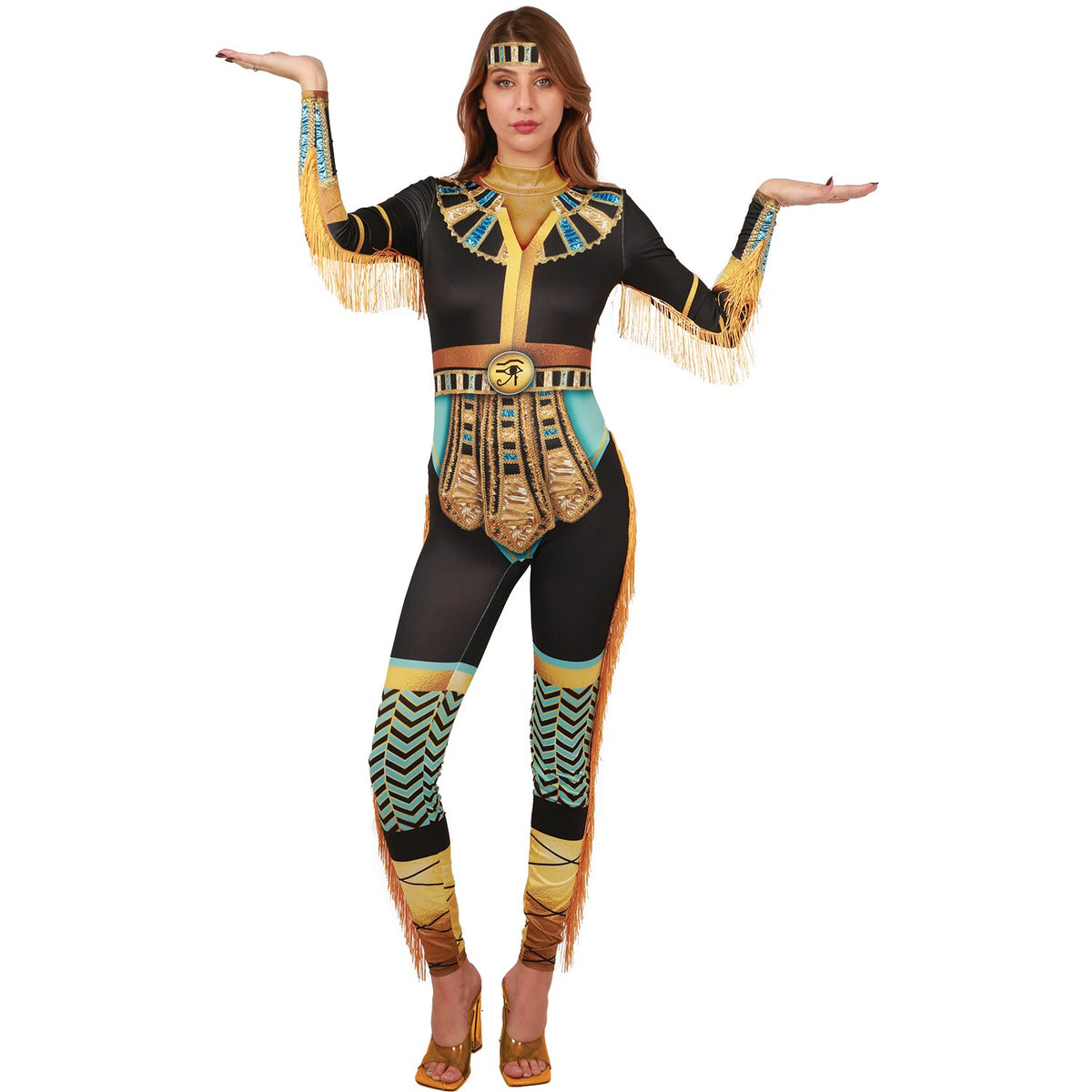 Model wearing Lola Stars women's Egyptian queen costume: printed black, gold and turquoise jumpsuit with gold fringe