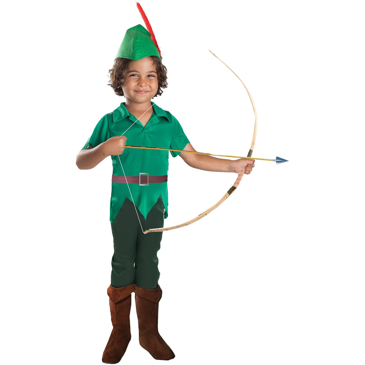 Model wearing Lola Stars boys' woodland archer costume: green leaf-cut top, dark green pants and pointed feathered hat