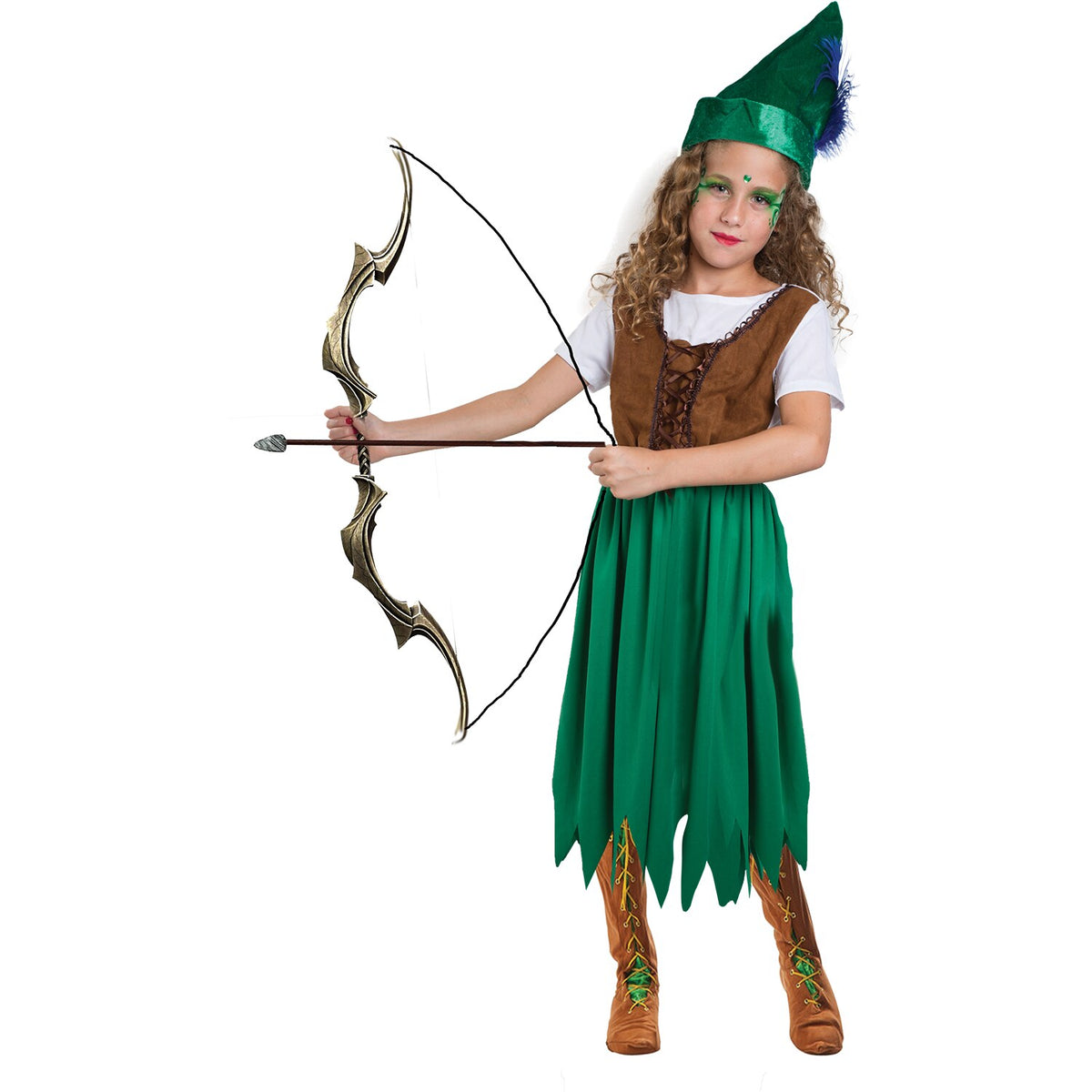 Model wearing Lola Stars girls' archer costume: dress with brown laced bodice, jagged green skirt and green feathered hat
