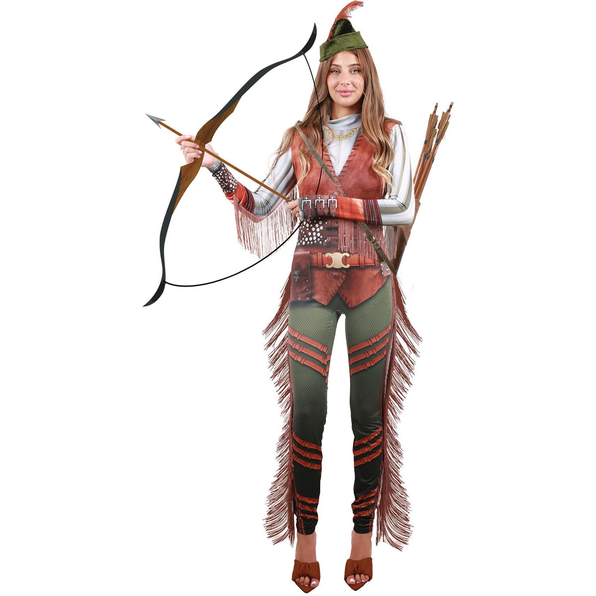 Model wearing Lola Stars women's archer costume: printed brown and green jumpsuit with fringe and feathered green hat