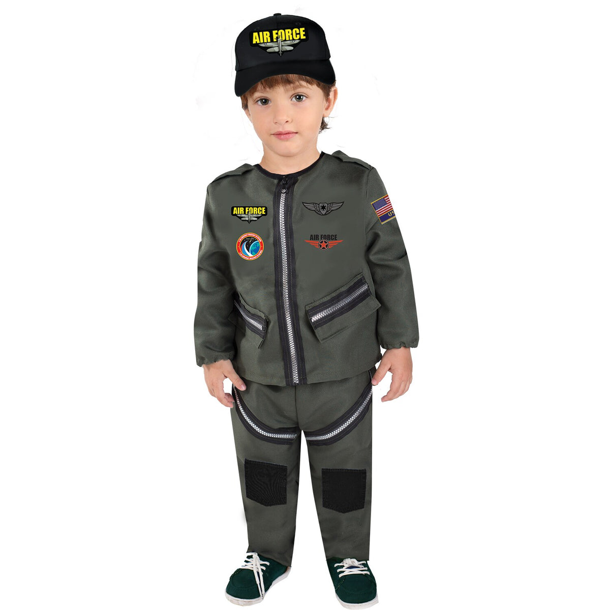 Model wearing Lola Stars toddler pilot costume: olive flight-style top with patches, olive pants and black pilot cap