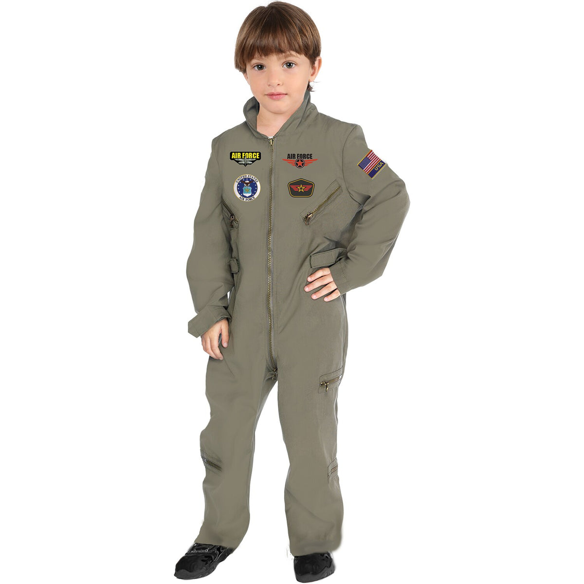 Model wearing Lola Stars boys' pilot costume: olive-green flight suit jumpsuit with chest and sleeve patches