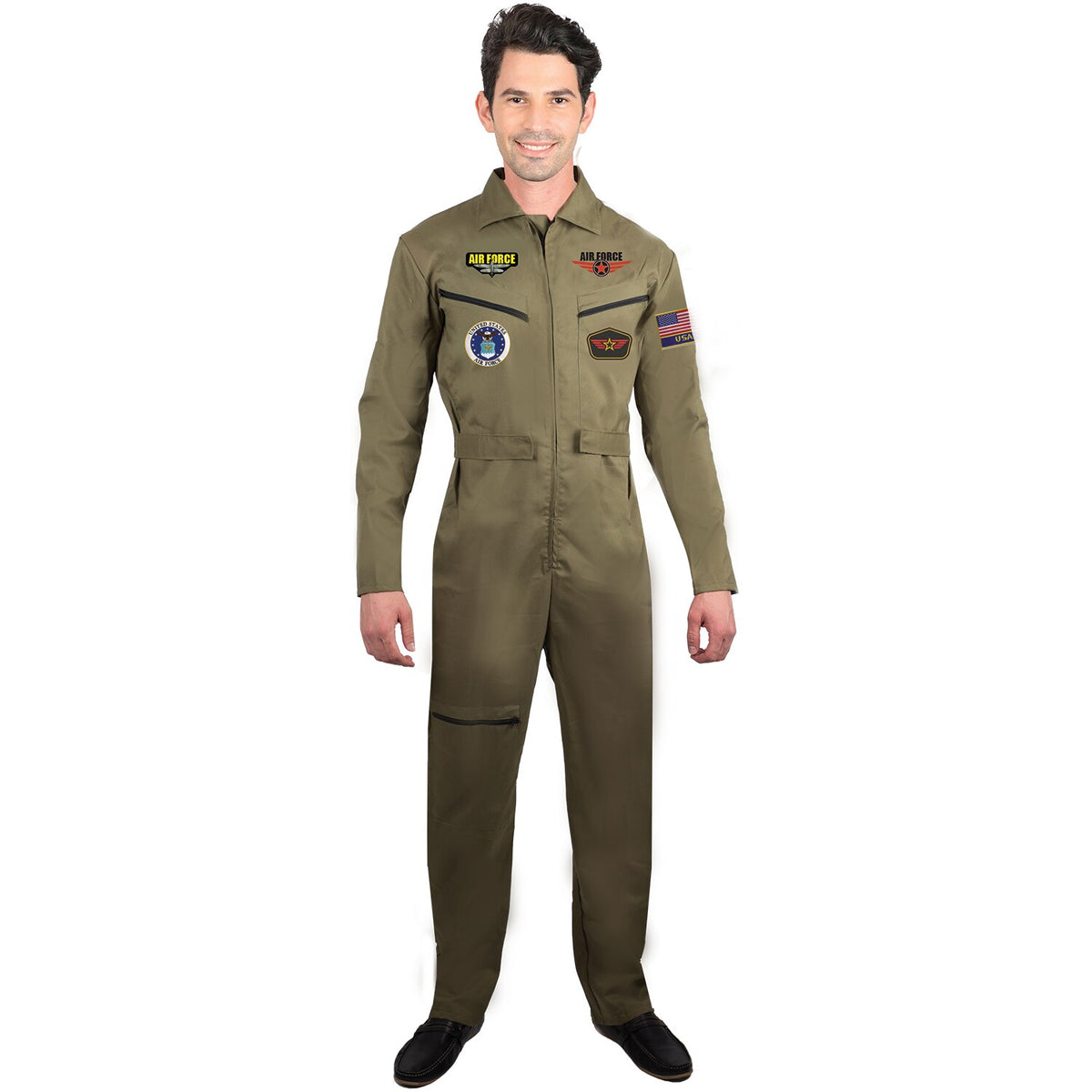 Model wearing Lola Stars men's aviator costume: olive-green one-piece flight suit with pilot-style patches