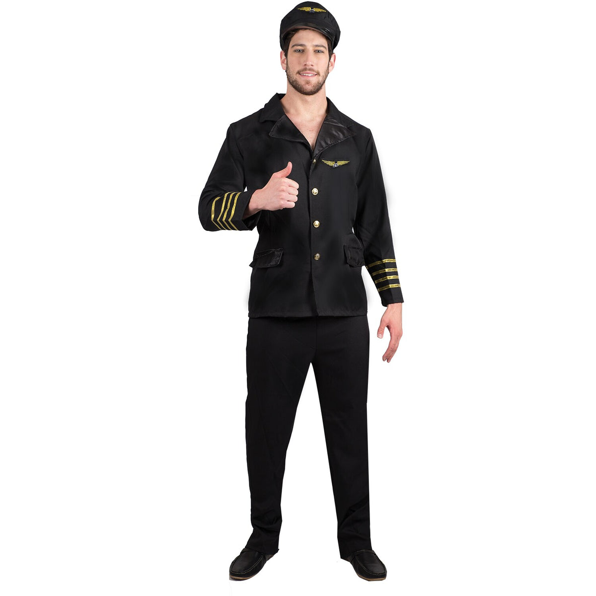 Model wearing Lola Stars men's pilot costume: black jacket with gold stripes and wings badge, black pants and pilot's cap