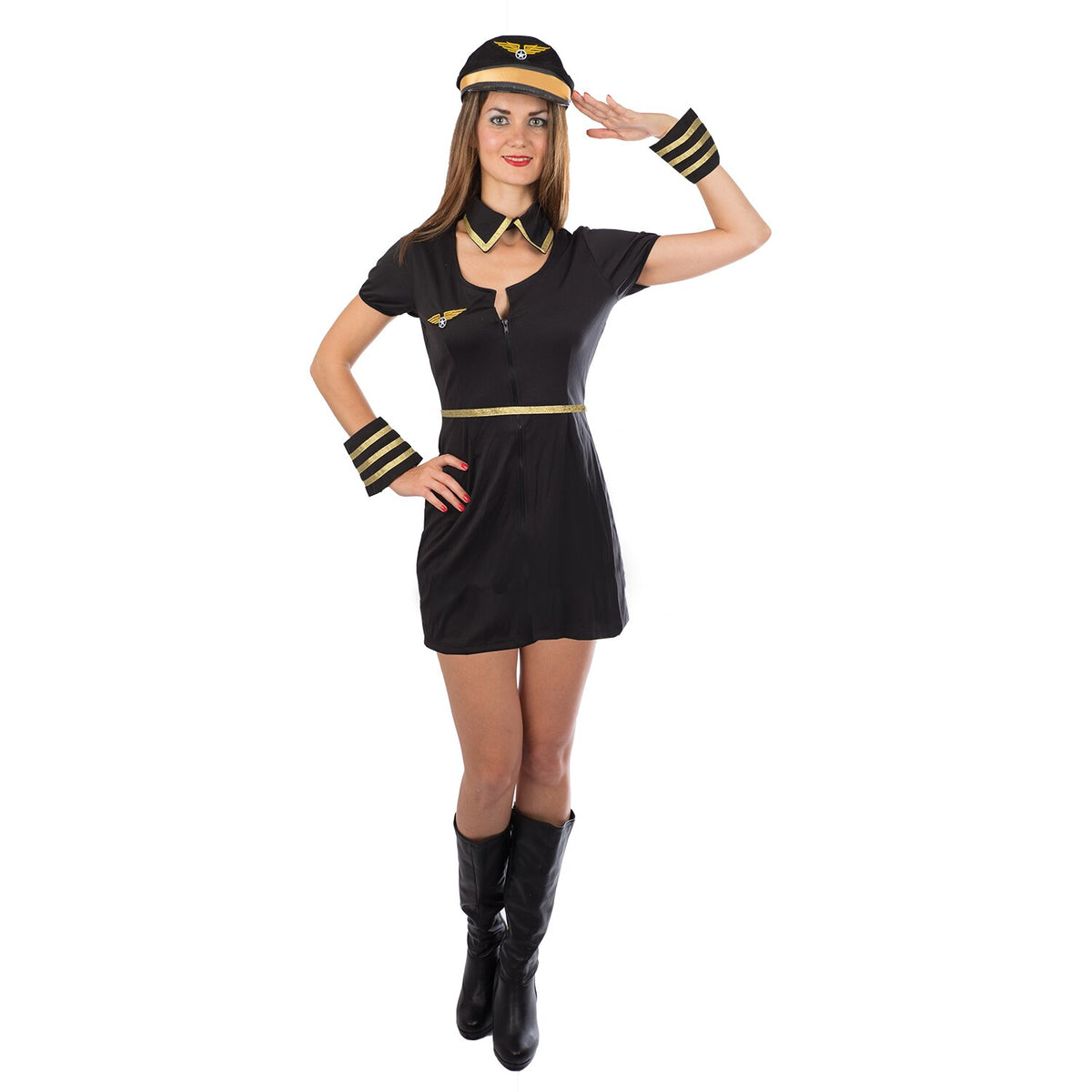 Model wearing Lola Stars women's pilot costume: black dress with gold trim, collar, striped cuffs and pilot hat