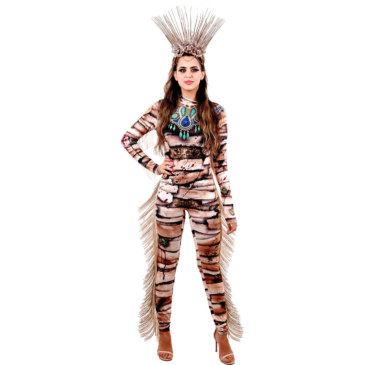Model wearing Lola Stars women's mummy costume: printed wrap jumpsuit with jeweled neckline design and cream fringe