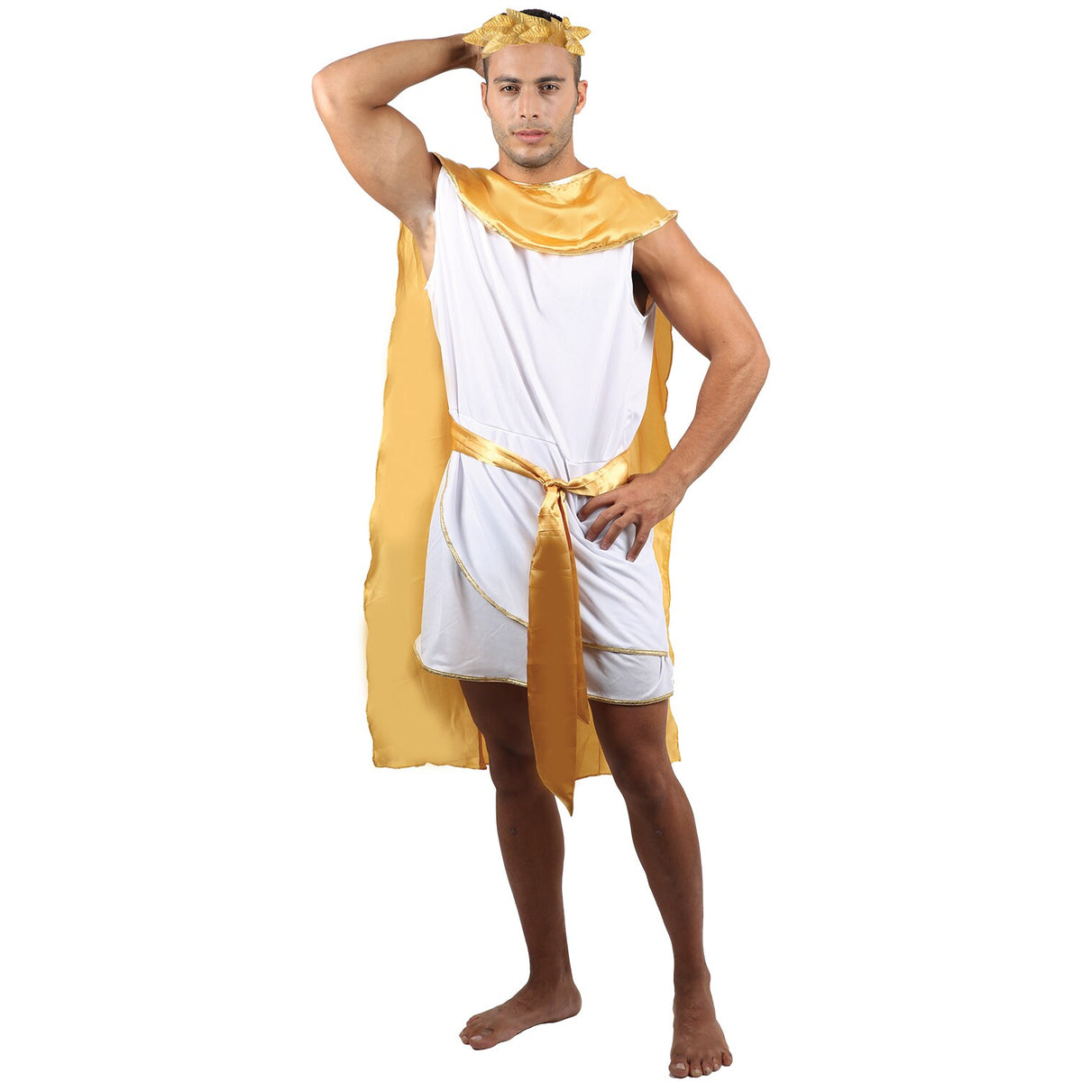 Model wearing Lola Stars men's Greek costume: white tunic, gold cape, gold belt and gold laurel-leaf headband