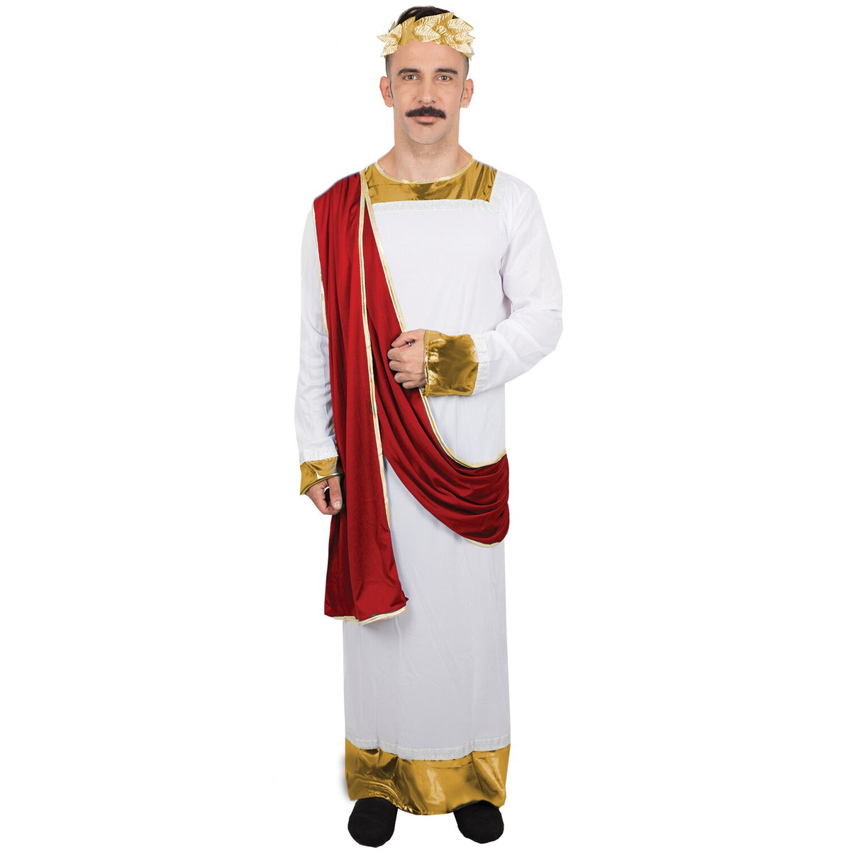 Model wearing Lola Stars men's Greek emperor costume: white robe with gold trim, red sash and gold laurel headband