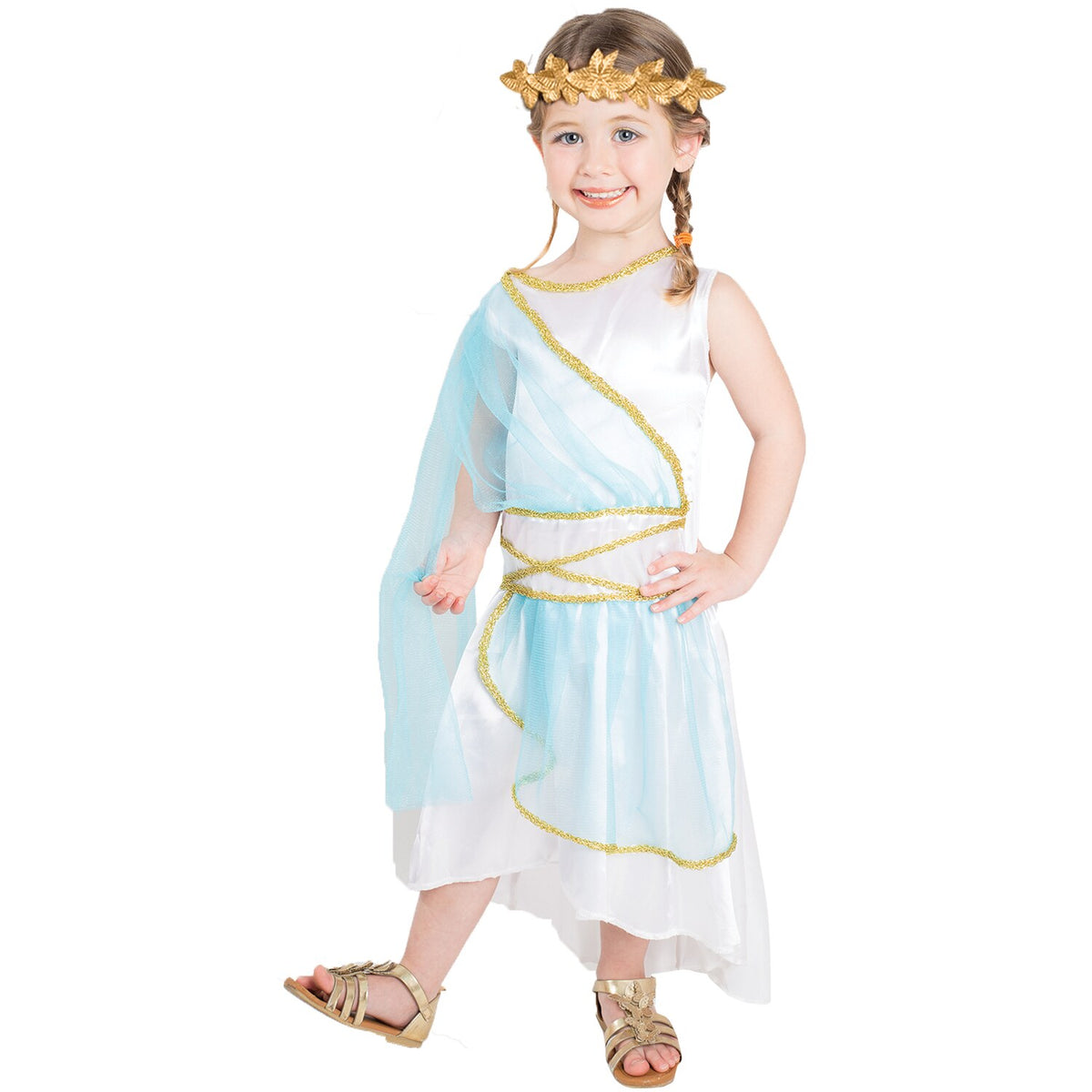 Model wearing Lola Stars toddler Greek goddess costume: white and blue dress with gold trim and gold laurel headband