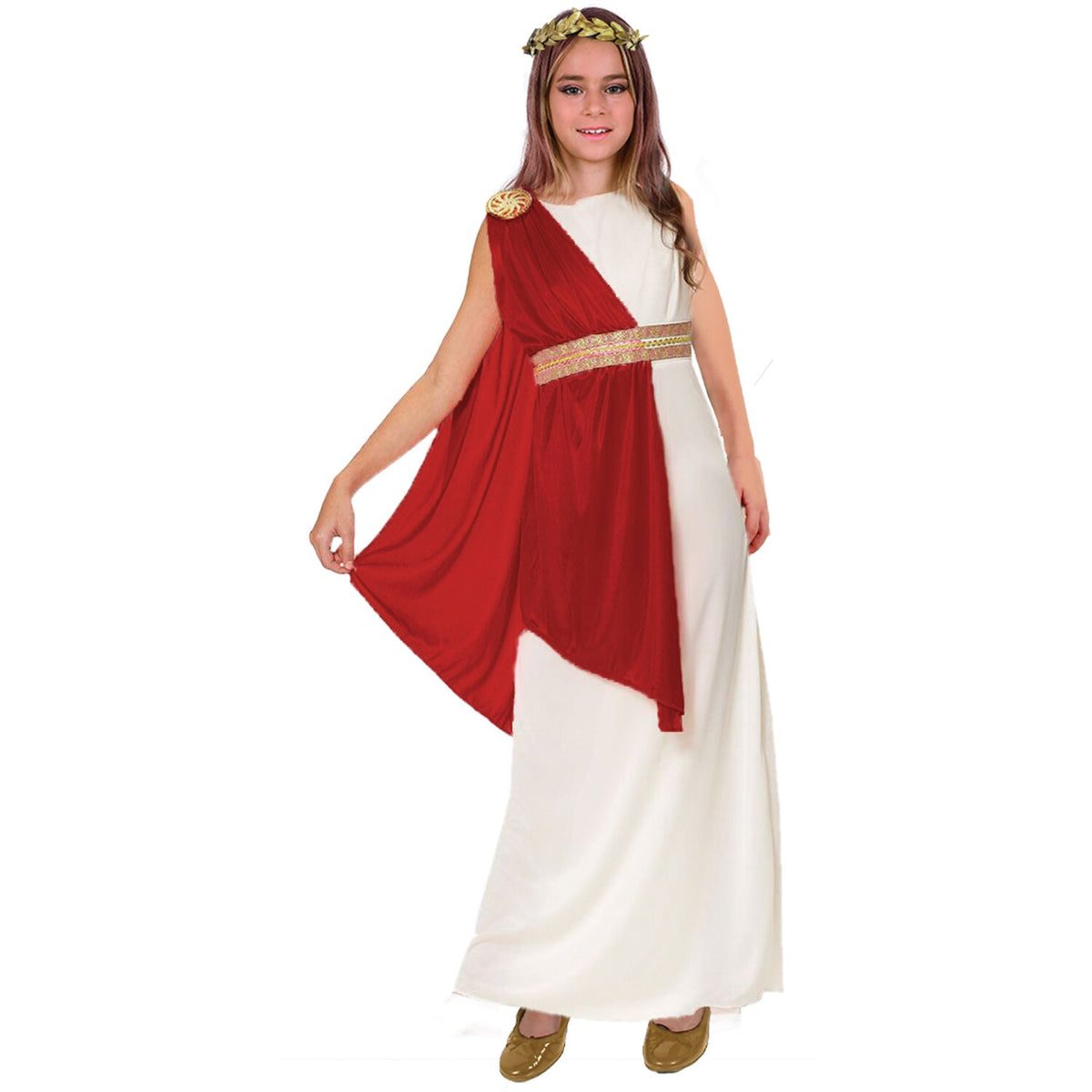 Model wearing Lola Stars girls' Greek goddess costume: white dress with red drape, gold belt and gold leaf headband