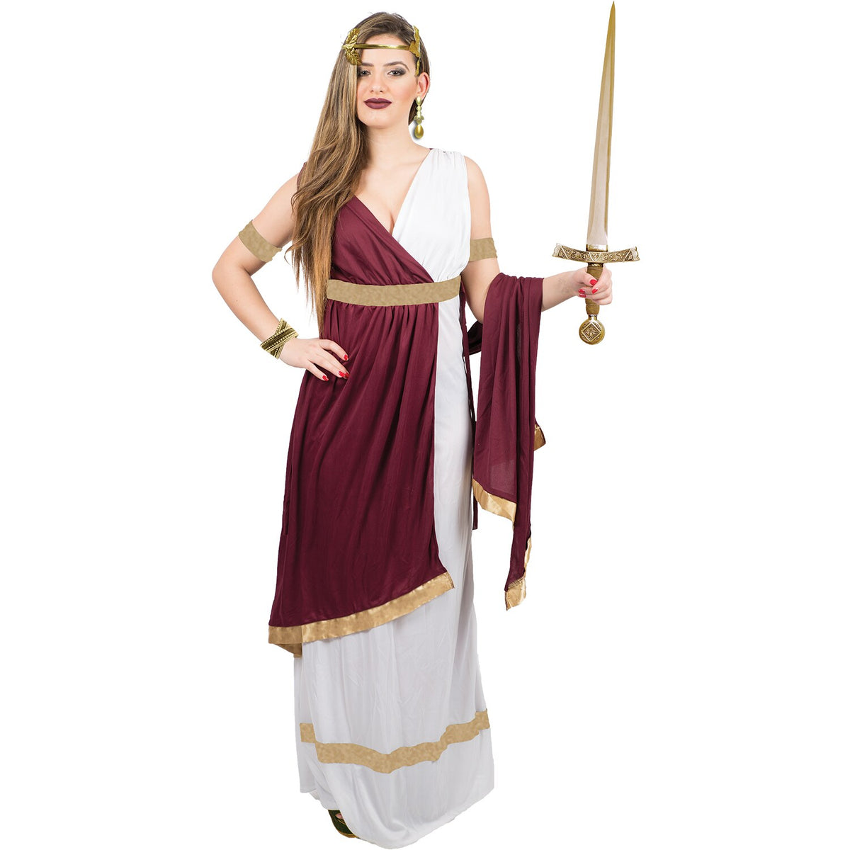 Model wearing Lola Stars women's Greek goddess costume: white gown with burgundy drape, gold belt and gold leaf headband