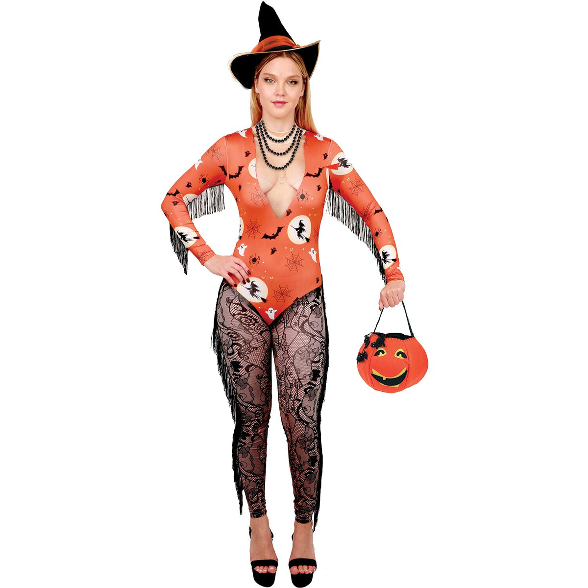 Model wearing Lola Stars women's Halloween costume: orange bat and witch print jumpsuit with black lace-look legs