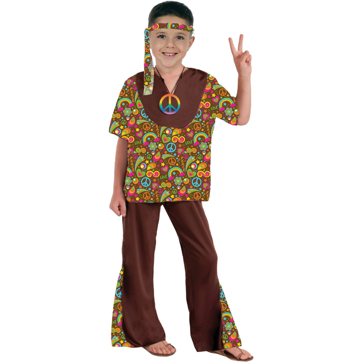 Model wearing Lola Stars boys' hippie costume: peace-print shirt, brown bell-bottom pants and printed headband