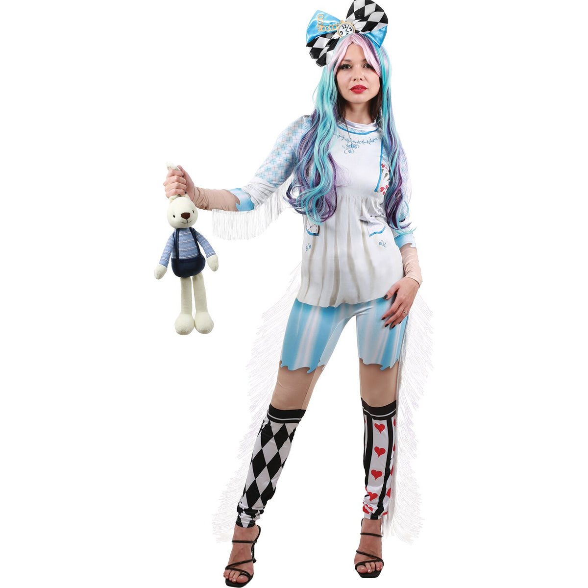 Model wearing Lola Stars women's Wonderland costume: printed blue and white jumpsuit with harlequin legs and fringe