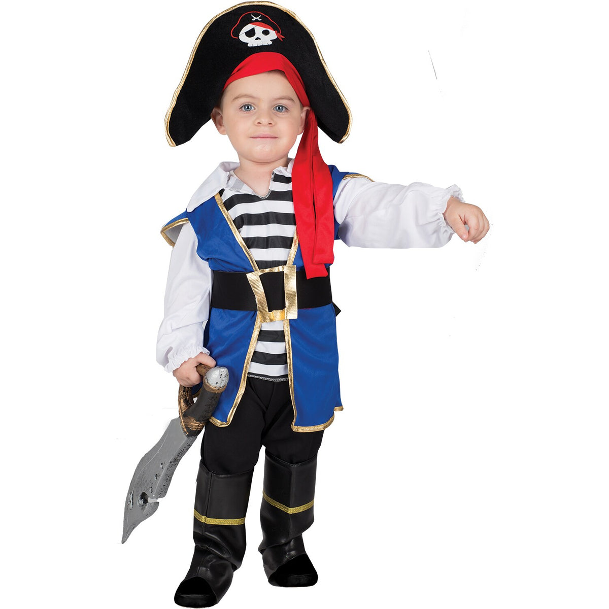 Model wearing Lola Stars toddler pirate costume: striped top with blue and gold front, black pants and pirate hat