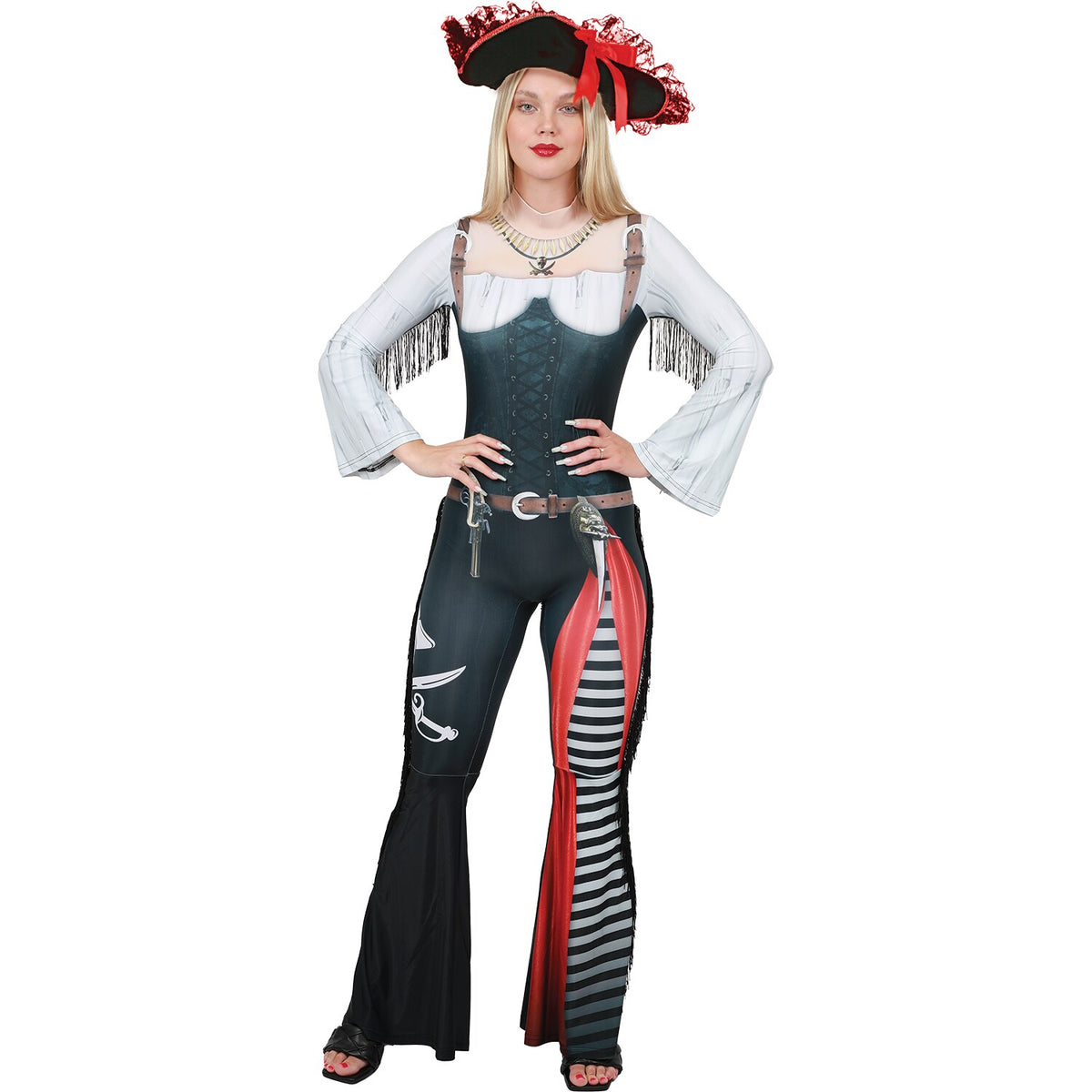 Model wearing Lola Stars women's pirate costume: printed jumpsuit with corset-style bodice and black tricorn hat