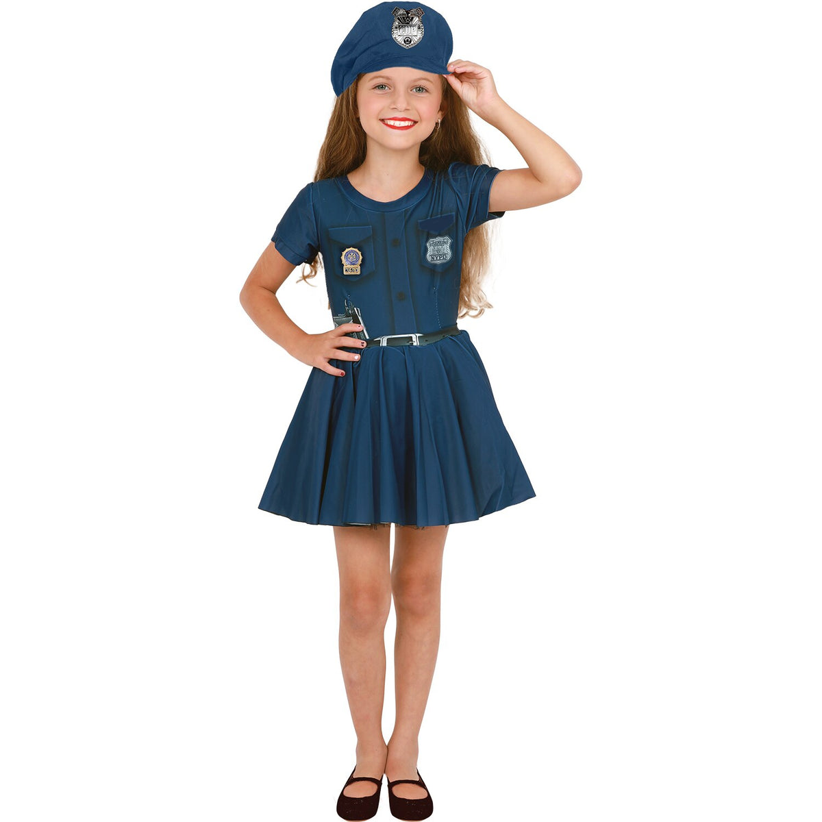 Model wearing Lola Stars girls' police costume: navy police-style dress with badge details and matching navy police hat