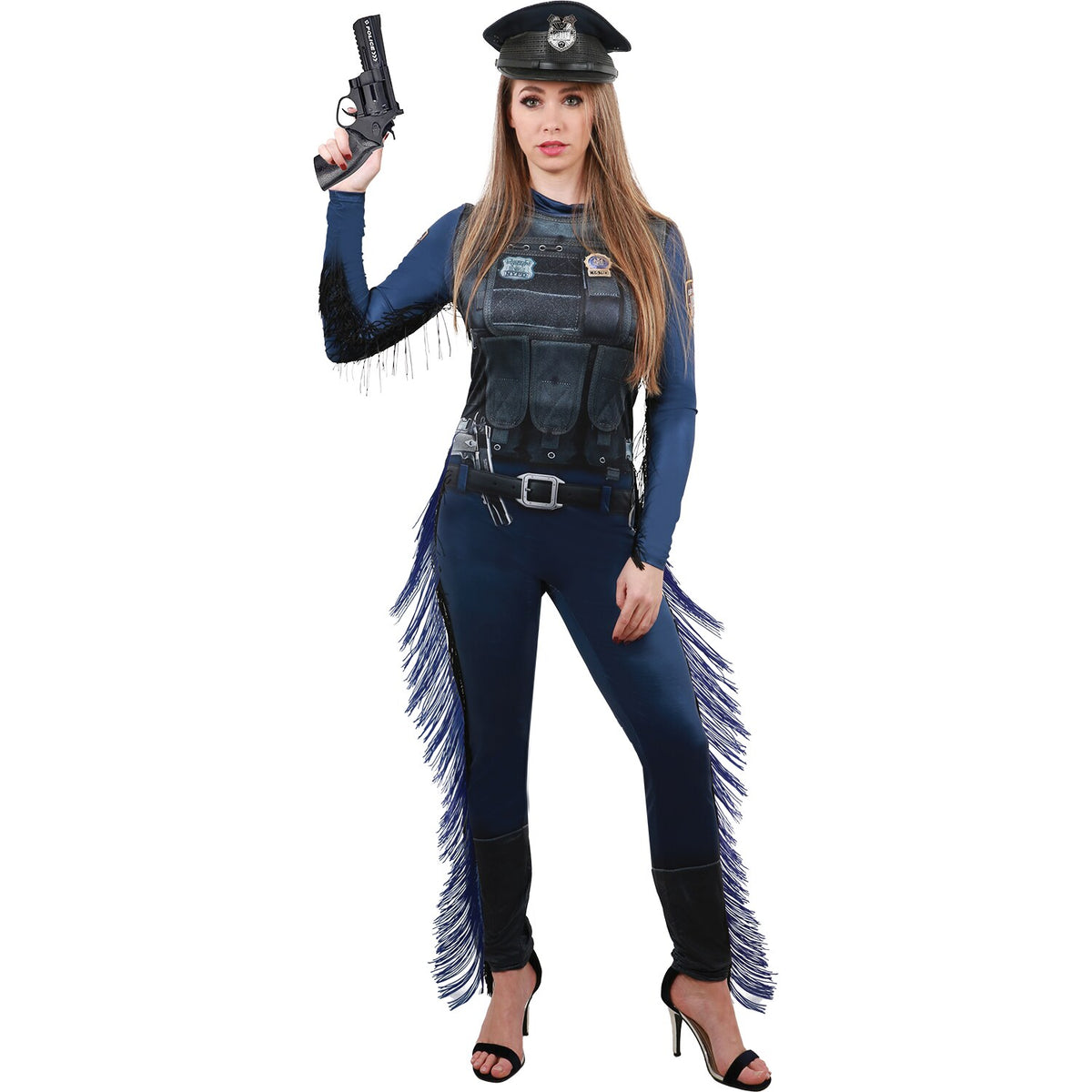 Model wearing Lola Stars women's police costume: printed navy jumpsuit with badges, navy fringe and black police hat