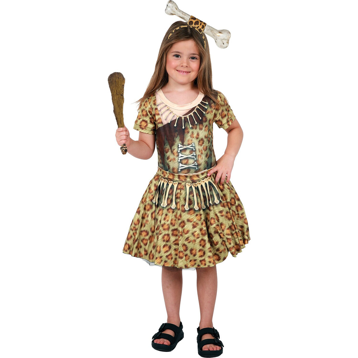 Model wearing Lola Stars girls' cave girl costume: leopard-print dress with printed bone and lace-up details