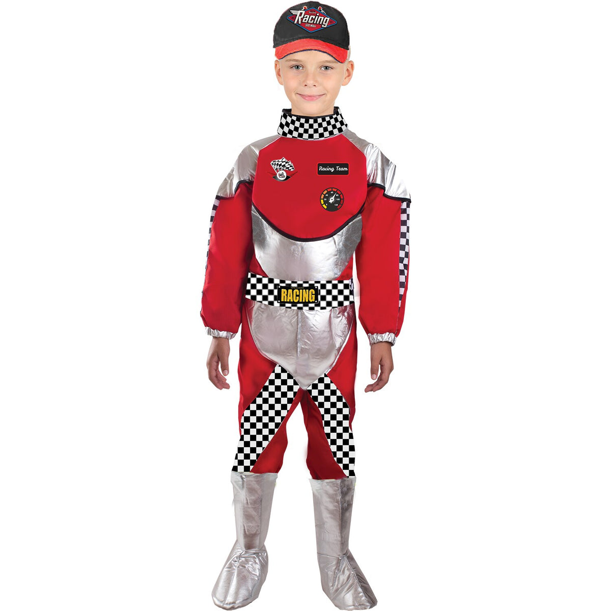 Model wearing Lola Stars boys' race car driver costume: red and silver racing jumpsuit with checkered trim