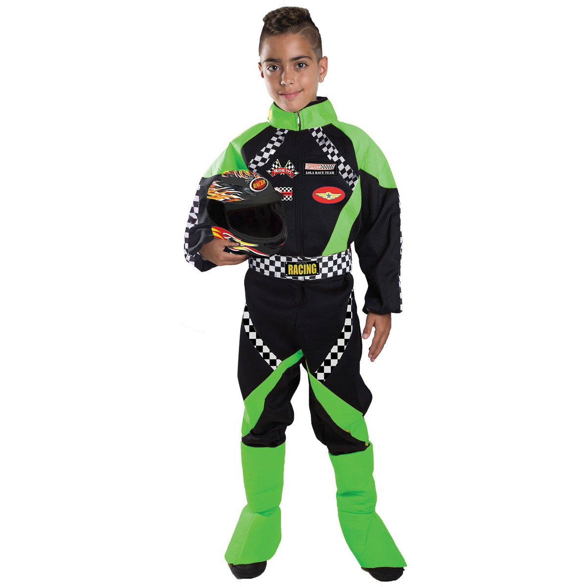 Model wearing Lola Stars boys' racer costume: black and lime-green racing jumpsuit with checkered trim and patches