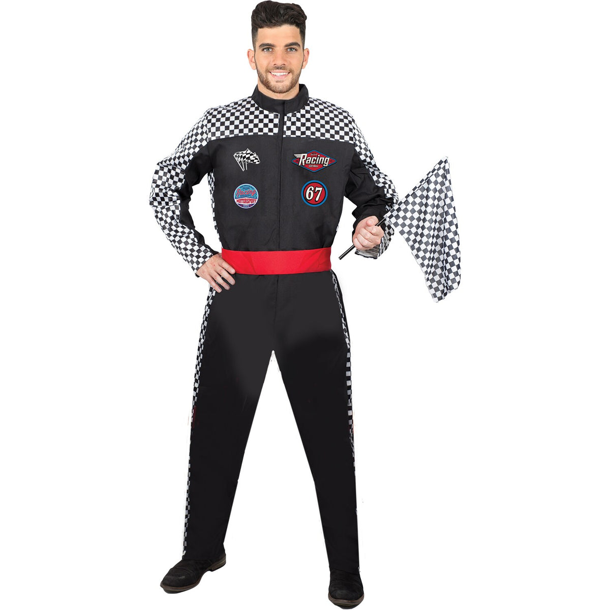 Model wearing Lola Stars men's race car driver costume: black jumpsuit with checkerboard trim, red waistband and patches