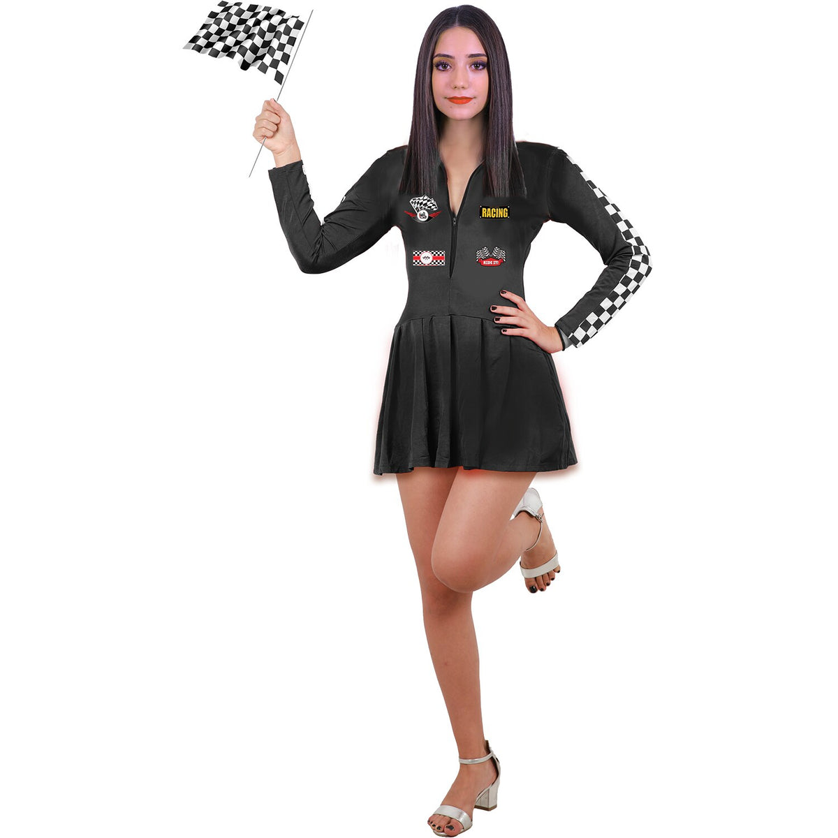 Model wearing Lola Stars teen girls' racer costume: black long-sleeve racing dress with checkered accent and patches