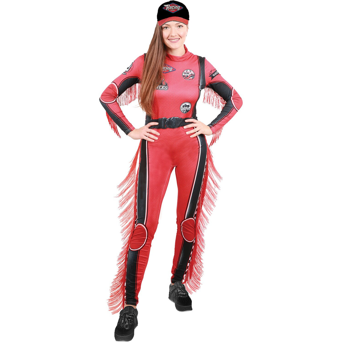 Model wearing Lola Stars women's race car driver costume: printed red racing jumpsuit with patches and red fringe