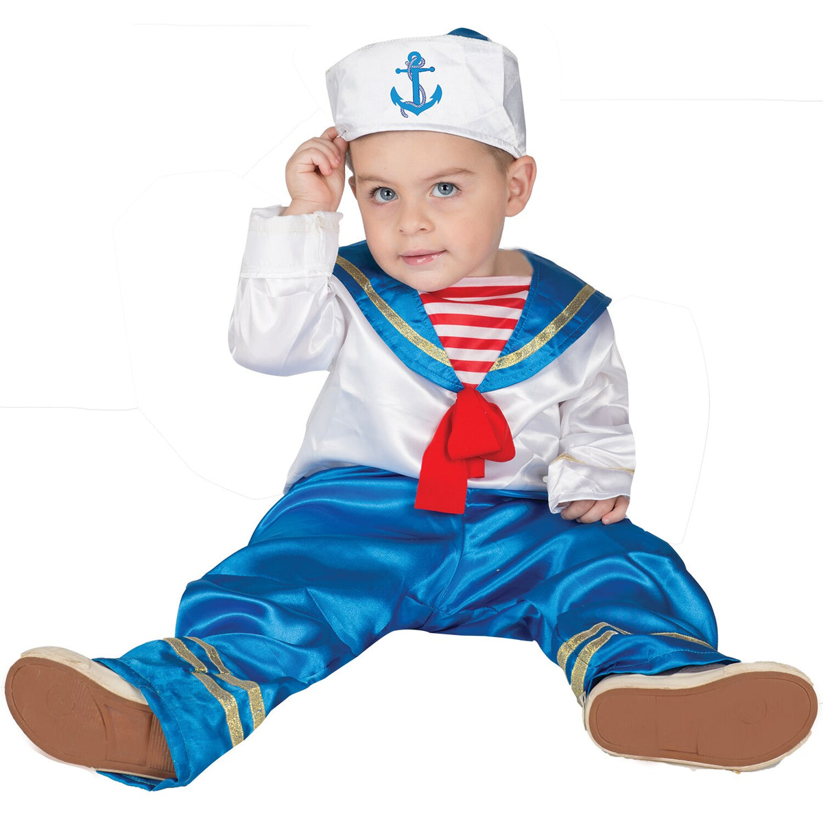Model wearing Lola Stars baby sailor costume: white sailor shirt with red neckerchief, blue pants and anchor sailor hat
