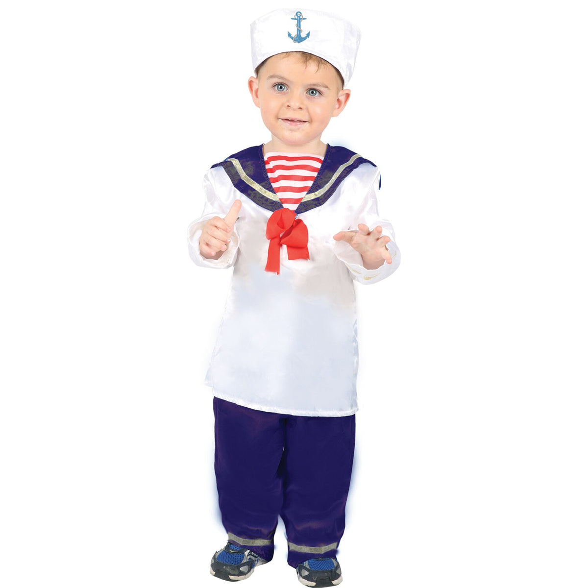 Model wearing Lola Stars toddler sailor costume: white sailor shirt with navy trim, navy pants and white anchor hat
