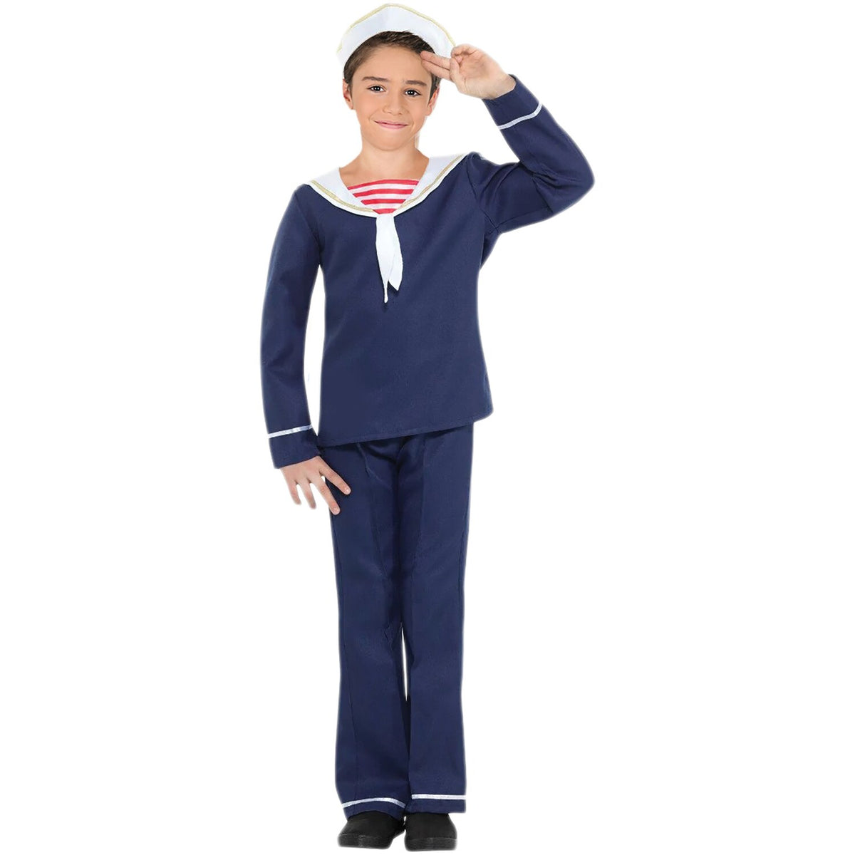 Model wearing Lola Stars boys' sailor costume: navy sailor top with white trim, navy pants and white sailor hat