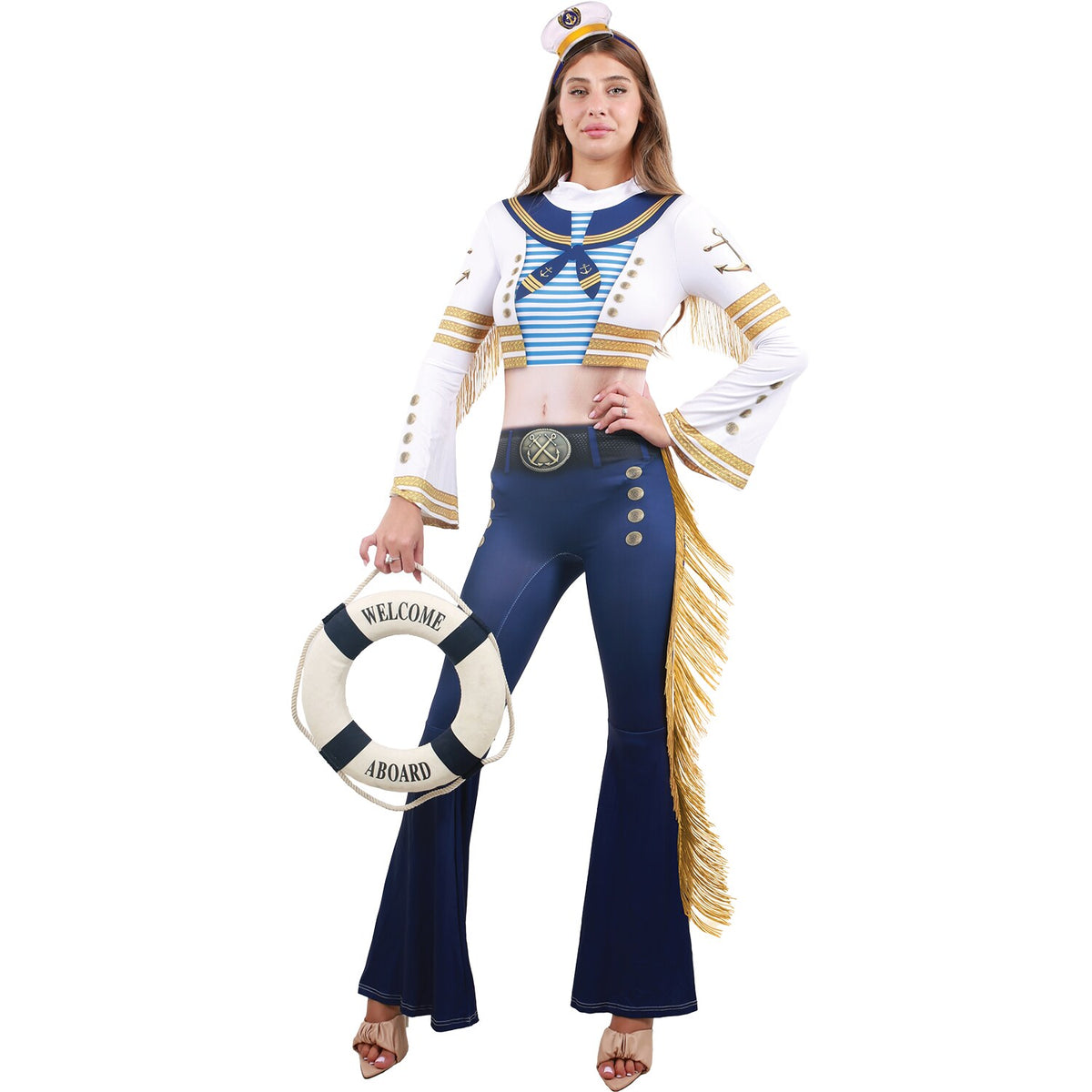 Model wearing Lola Stars women's sailor costume: printed white, gold and navy jumpsuit with bell-bottoms and fringe