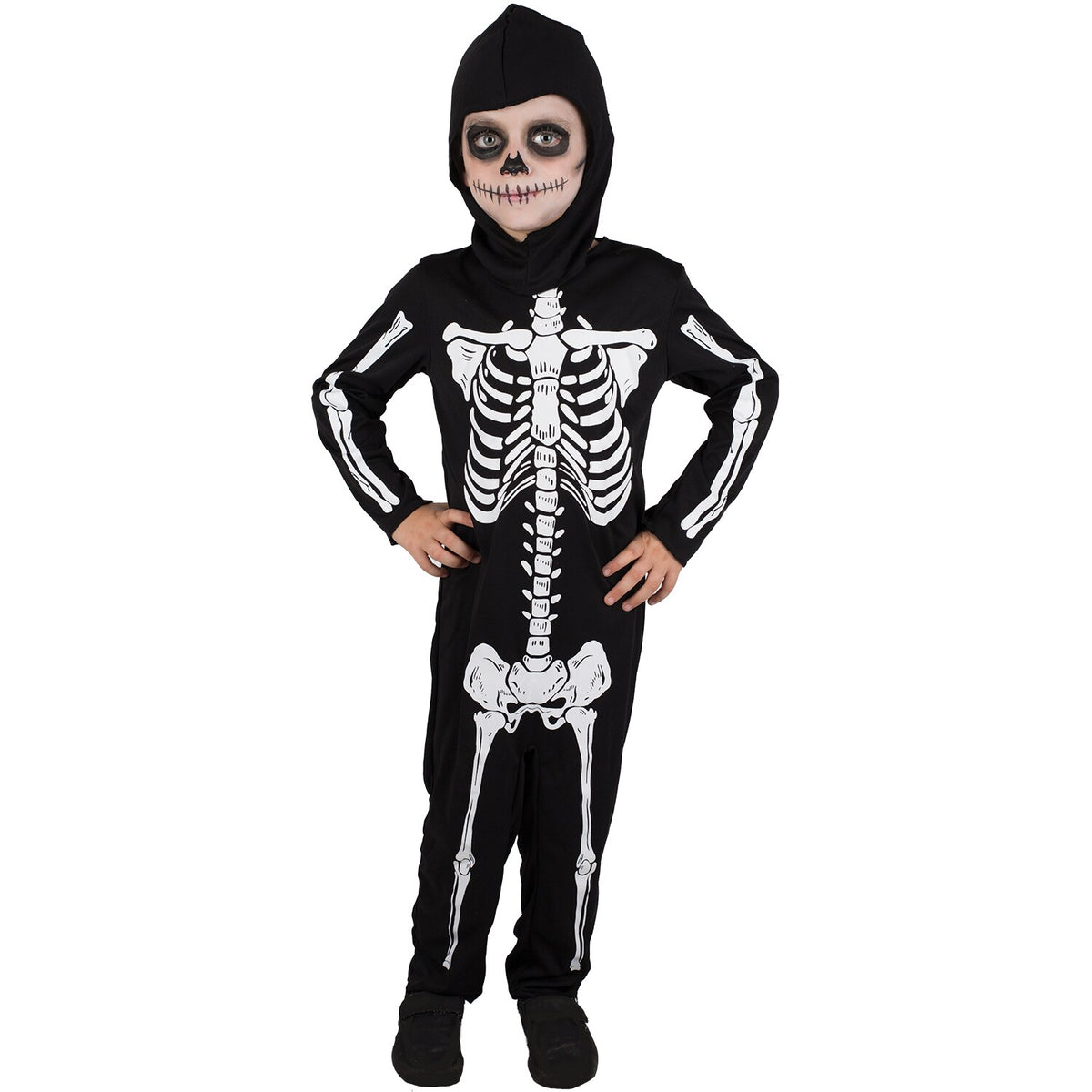 Model wearing Lola Stars boys' skeleton costume: black jumpsuit with white skeleton print and black headpiece