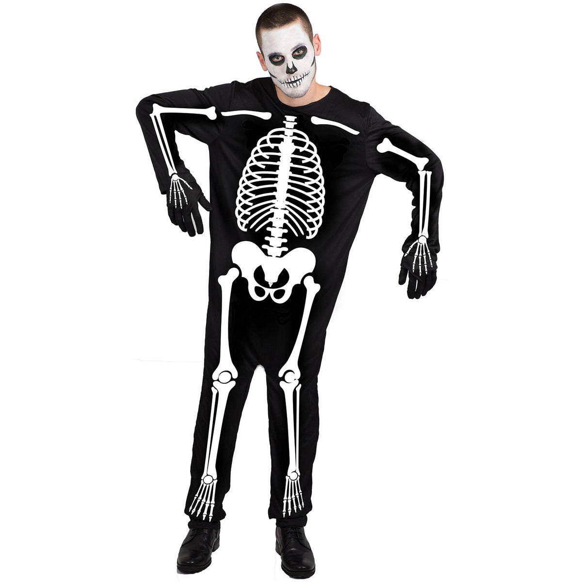 Model wearing Lola Stars men's skeleton costume: black jumpsuit with white skeleton print